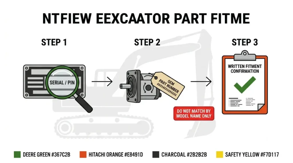 John Deere excavator parts fitment checklist showing serial or PIN, OEM part number, and written confirmation before ordering a cross-brand replacement part.