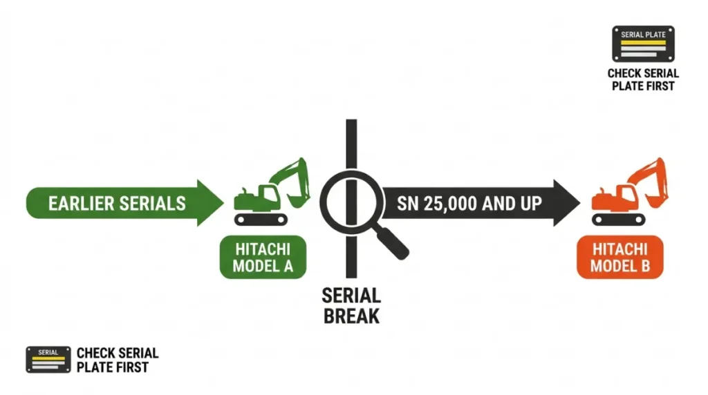 John Deere excavator serial-number timeline showing how one Deere model can cross-reference to different Hitachi models before and after a serial break.