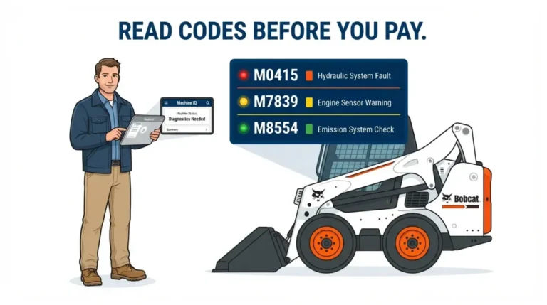 Buyer checking Used Bobcat Fault Codes on dashboard display before purchase, vector illustration white background