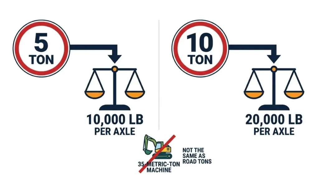 Vector diagram explaining frost Laws road limits: a 5-ton road allows 10,000 lb per axle and a 10-ton road allows 20,000 lb per axle.