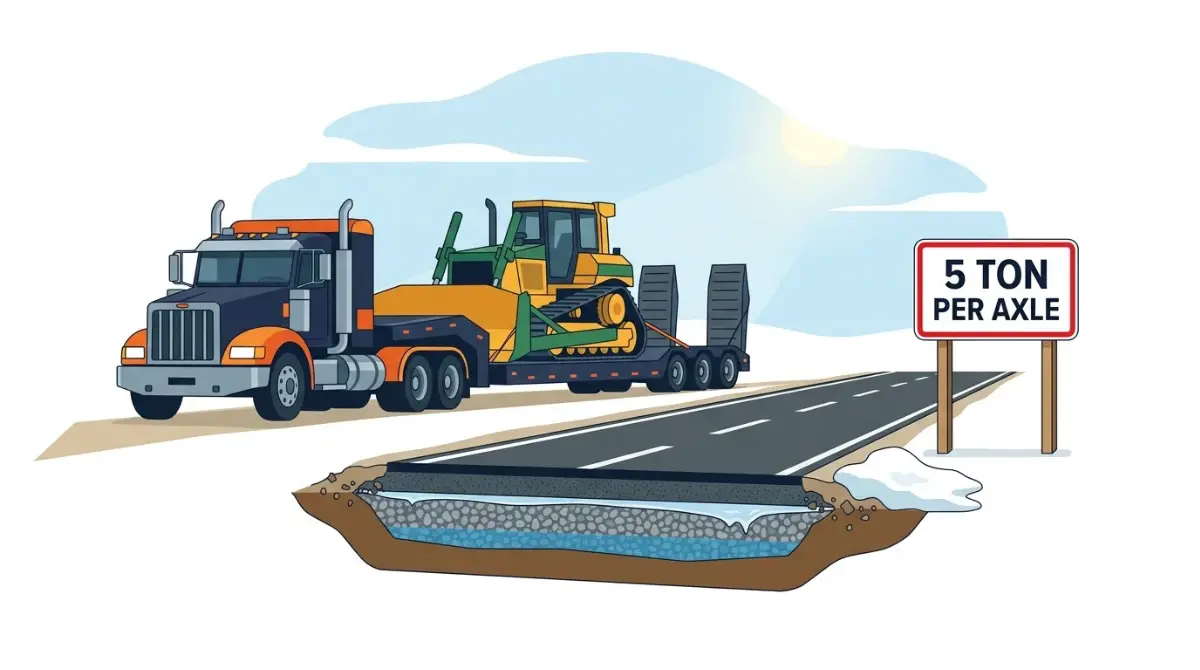 Vector illustration of a crawler dozer on a lowboy trailer approaching a 5-ton frost Laws road with a weakened spring-thaw road base
