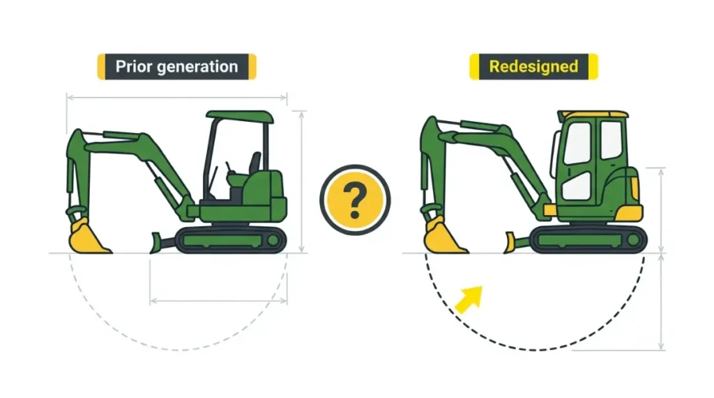 John Deere 17 P-Tier Specs for the prior generation and redesigned model, comparing dig depth and updated features