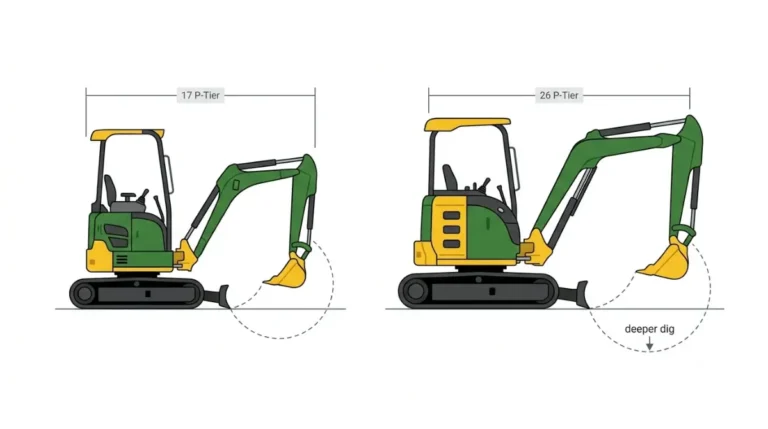 John Deere 17 P-Tier Specs compared with the 26 P-Tier mini excavator, showing operating weight and dig depth differences