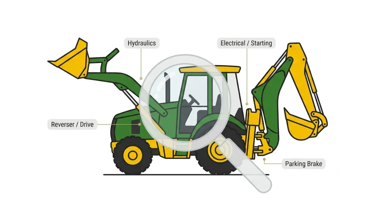 John Deere 310 Backhoe Problems by series shown with labeled hydraulic, reverser, electrical, and parking-brake issue areas on a backhoe loader