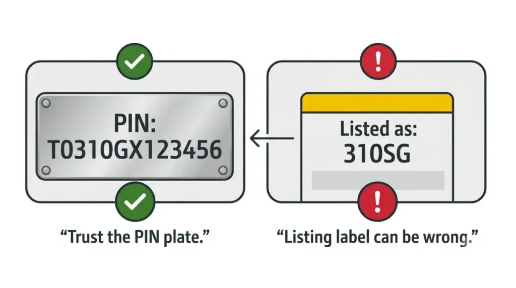 John Deere 310 Backhoe Problems identification guide showing a PIN plate taking priority over an incorrect model listing label