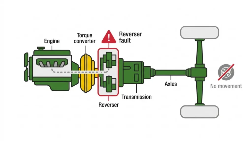 John Deere 310 Backhoe Problems diagram showing how a 310C or 310D reverser fault can cause a no-drive condition