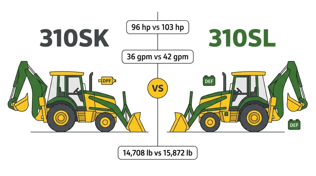 John Deere 310SL vs 310SK backhoe loader comparison showing horsepower, hydraulic flow and operating weight