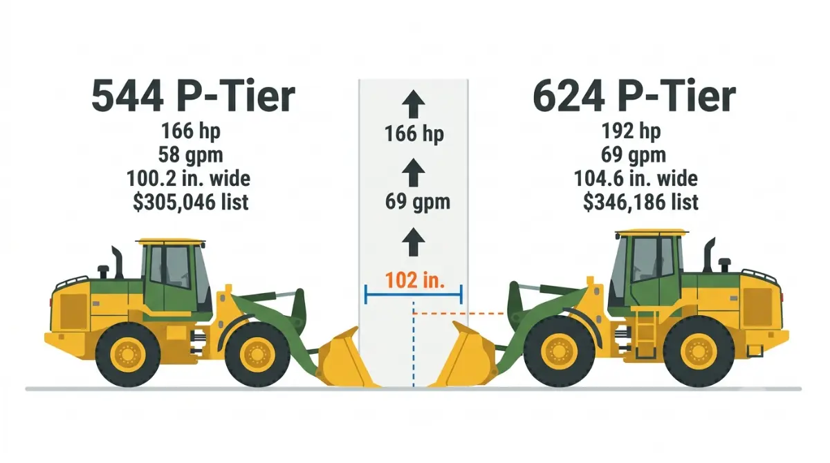 John Deere 544 P-Tier vs 624 P-Tier wheel loader comparison showing 166 hp versus 192 hp, 58 gpm versus 69 gpm hydraulic flow, 100.2-inch versus 104.6-inch width, and list-price difference.
