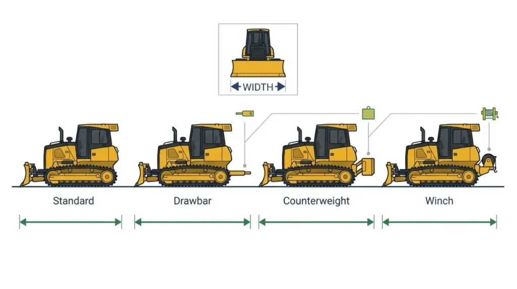John Deere 700L Dimensions vector chart showing how drawbar, counterweight, and winch options increase overall length.