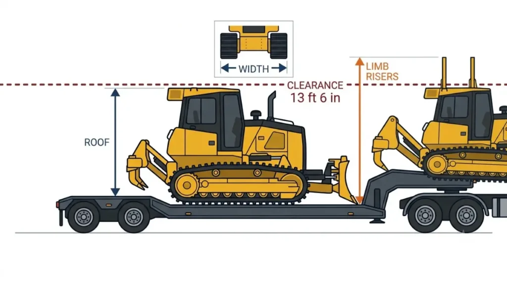 John Deere 700L Dimensions vector comparison showing standard roof height and added height from limb risers.