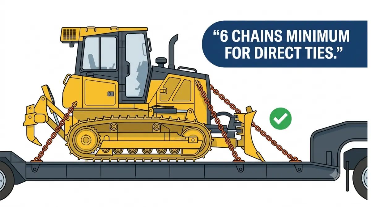 John Deere 700L Dozer secured on a lowboy trailer with six direct-tied chains, illustrating the minimum WLL chain requirement