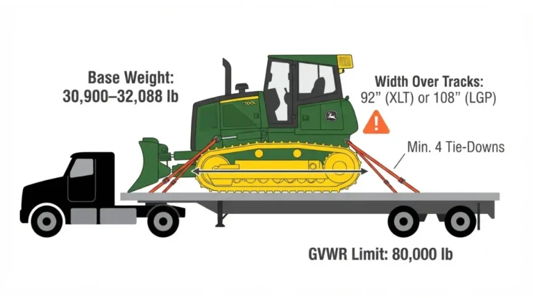 Infographic showing John Deere 700L Weight ranges, track widths, and tie-down points for safe legal hauling on flatbed trailer