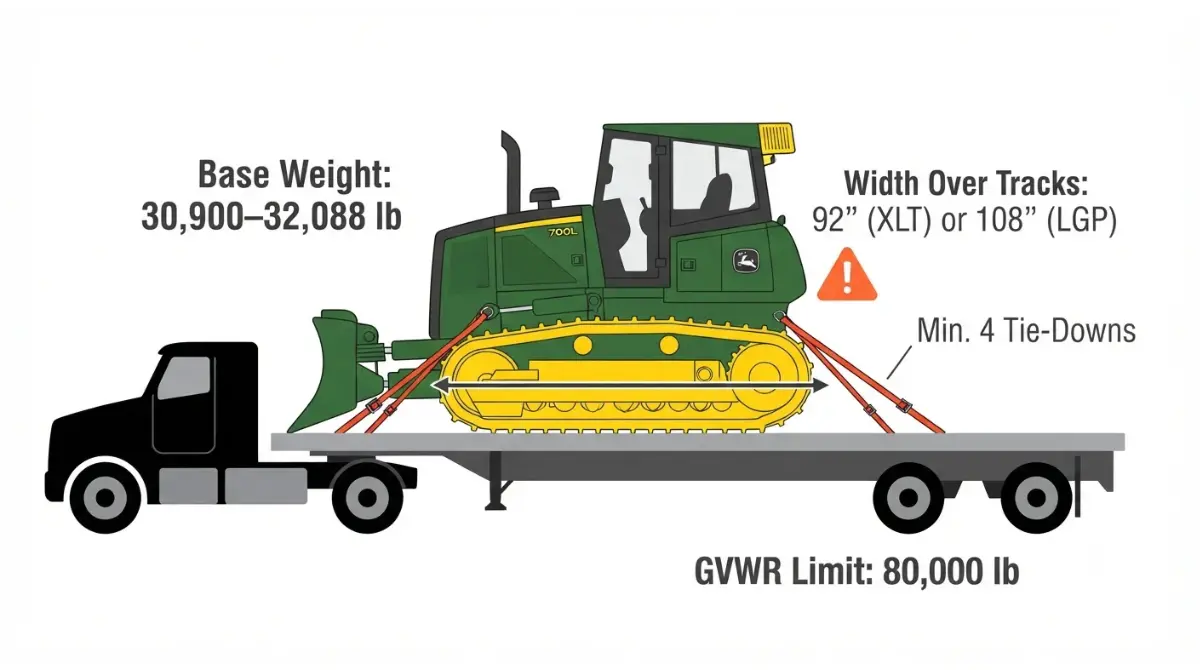 Infographic showing John Deere 700L Weight ranges, track widths, and tie-down points for safe legal hauling on flatbed trailer