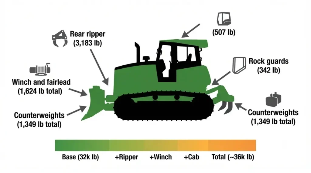 Cumulative John Deere 700L Weight addition from factory options like ripper, winch, cab and guards shown with arrows and bar chart