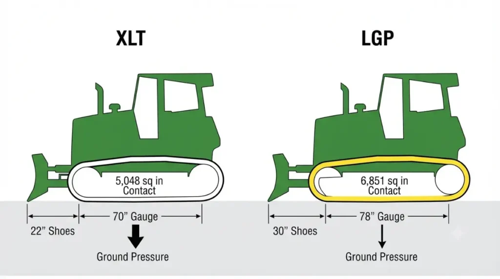 Side-by-side vector comparison of John Deere 700L Weight distribution differences between XLT and LGP undercarriages with shoe width and ground pressure labels