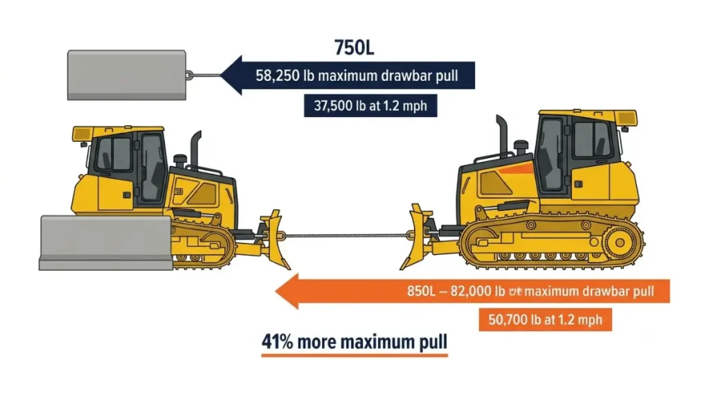 John Deere 750L and 850L dozer drawbar pull vector comparison showing maximum pull and pull at 1.2 mph