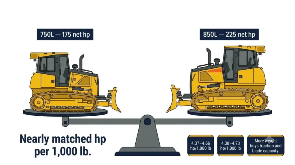 John Deere 750L and 850L dozer power-to-weight ratio vector diagram comparing net horsepower and base operating weight