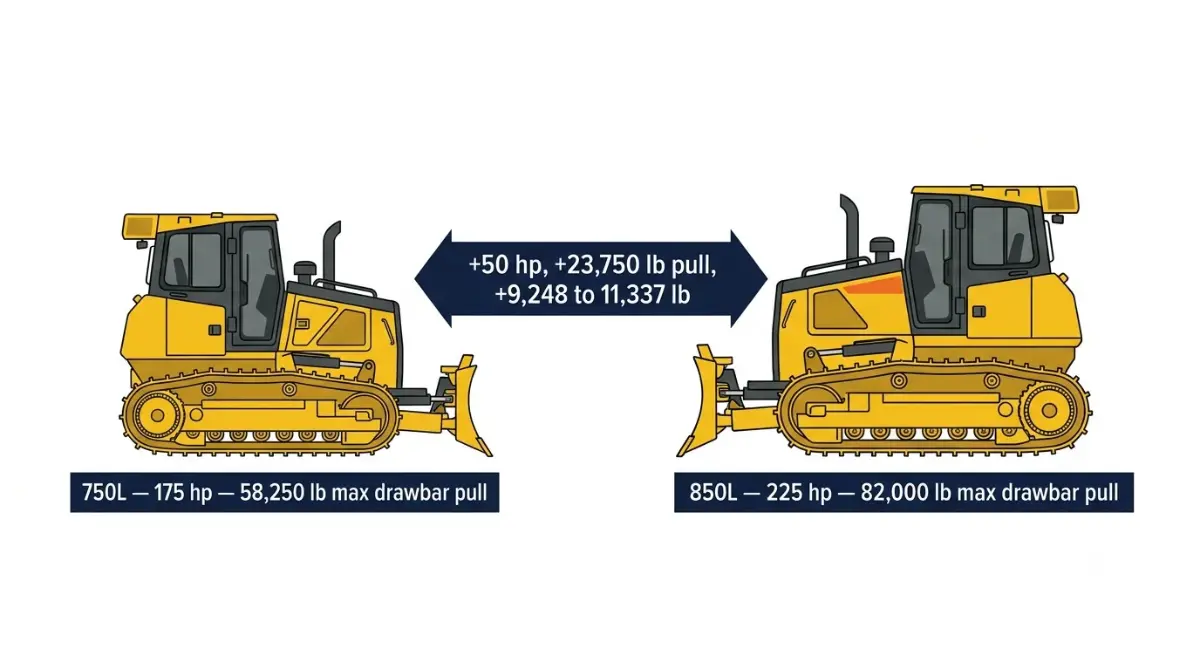 John Deere 750L vs 850L dozer comparison vector showing horsepower, drawbar pull, and operating weight