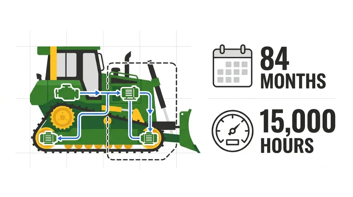 John Deere 850 X-Tier E-Drive coverage vector illustration showing 84 months or 15,000 hours of key electric-drive component protection.