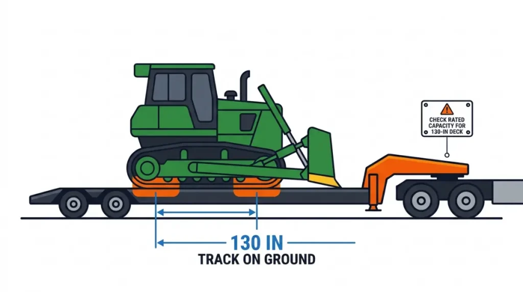 850L dozer track contact area on a lowboy deck, illustrating why trailer capacity must be rated for a 130-inch track-on-ground length.