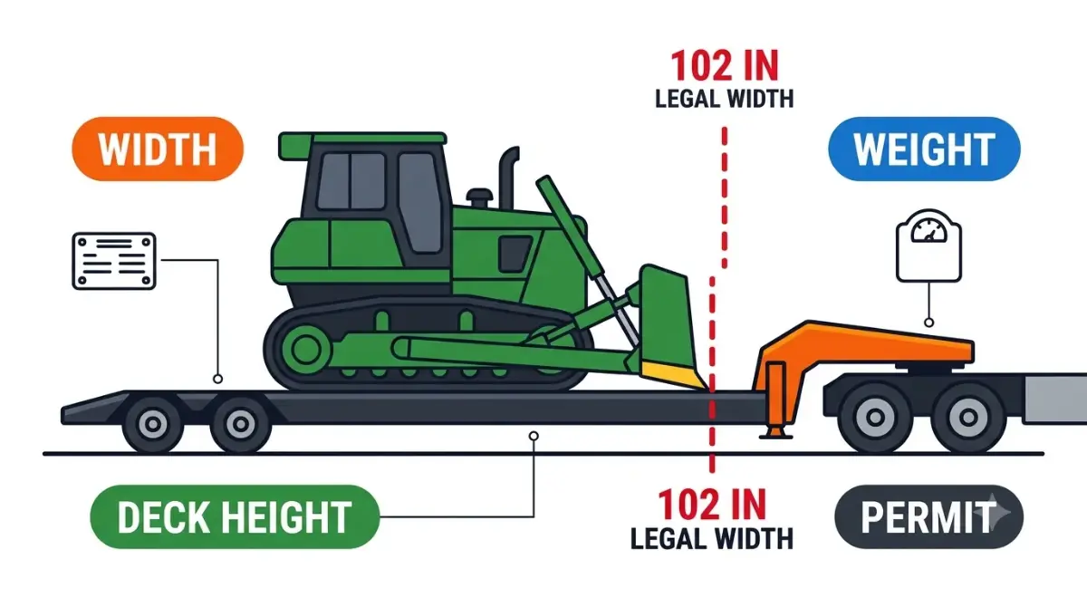 John Deere 850L dozer on a lowboy trailer with width, weight, deck height, and permit callouts, showing that the 850L exceeds the 102-inch legal width limit.