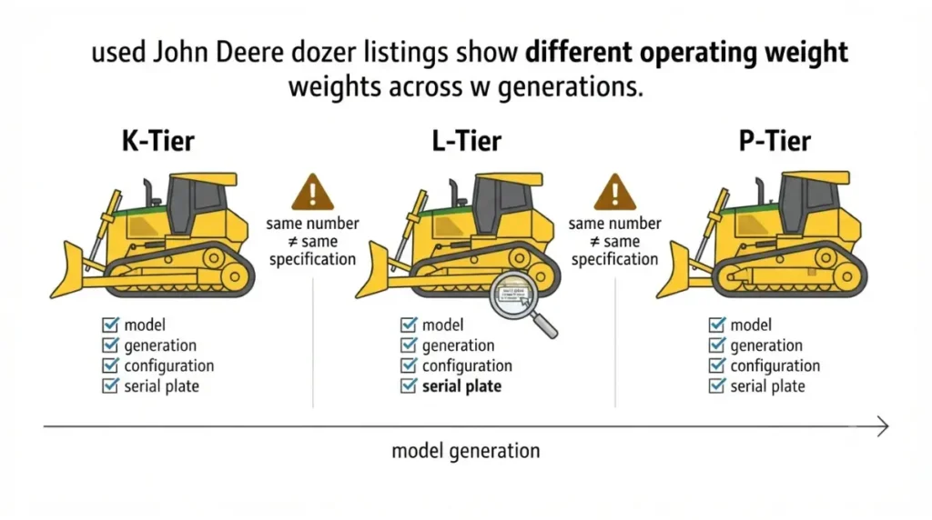 John Deere K-Tier, L-Tier and P-Tier dozer generations with a serial-plate verification checklist