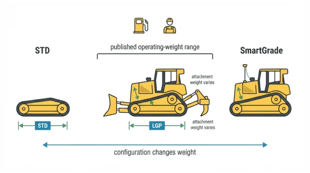 John Deere dozer STD, LGP and SmartGrade configurations changing operating weight