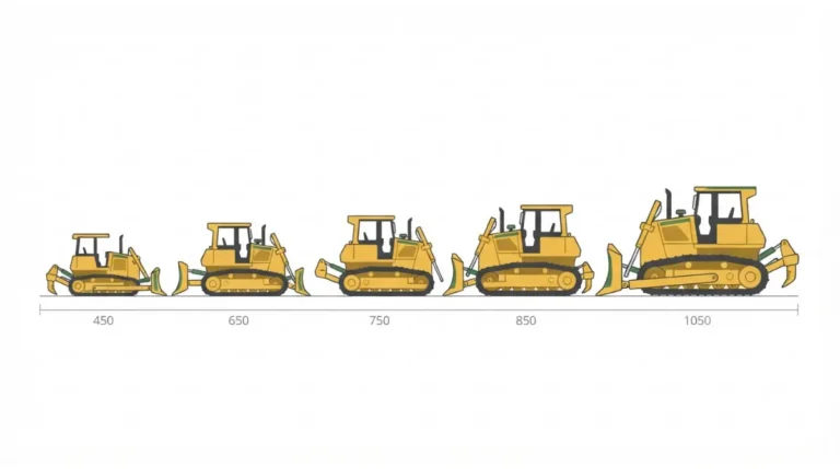 John Deere crawler dozers increasing from the 450 to the 1050 size class in a vector weight-range illustration