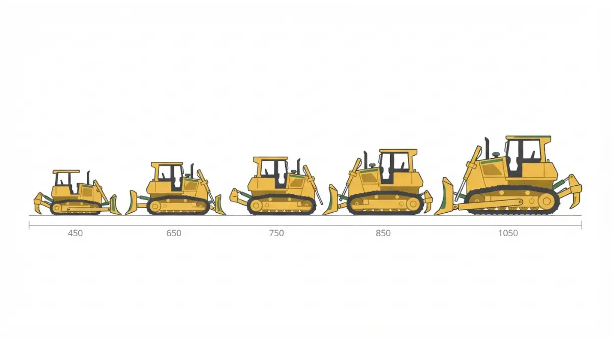 John Deere crawler dozers increasing from the 450 to the 1050 size class in a vector weight-range illustration