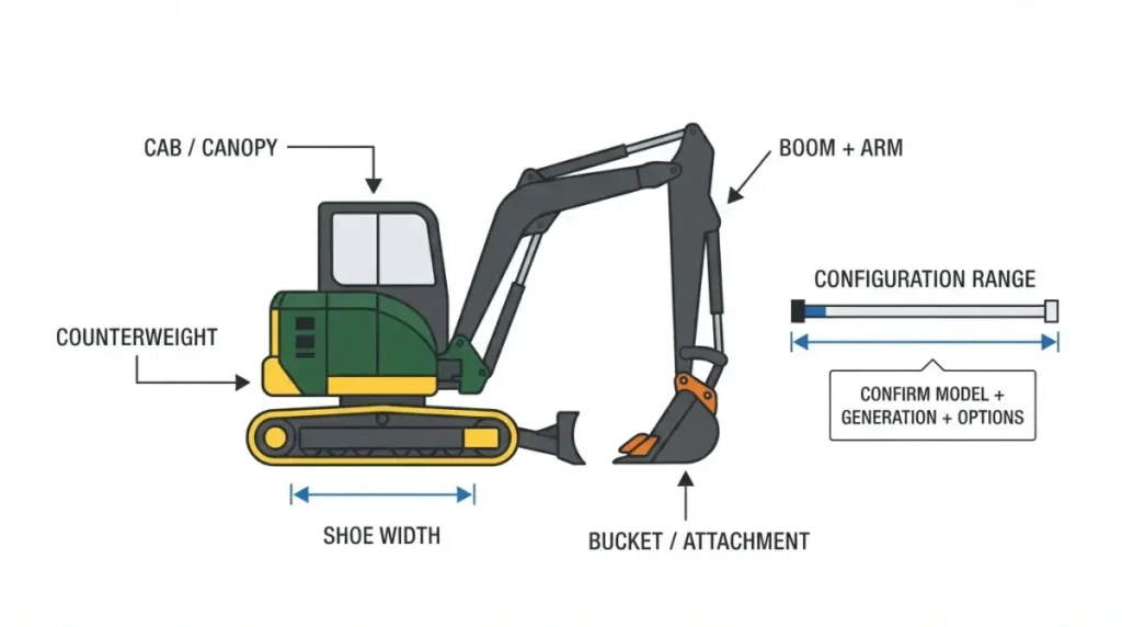 John Deere excavator vector diagram showing how cab, shoe width, counterweight, boom, arm and bucket affect operating weight