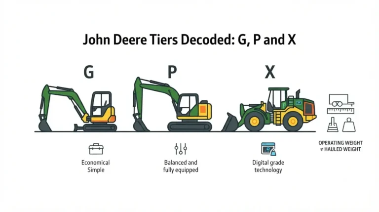 John Deere vector illustration comparing G-Tier, P-Tier and X-Tier equipment feature levels with an operating-weight transport warning