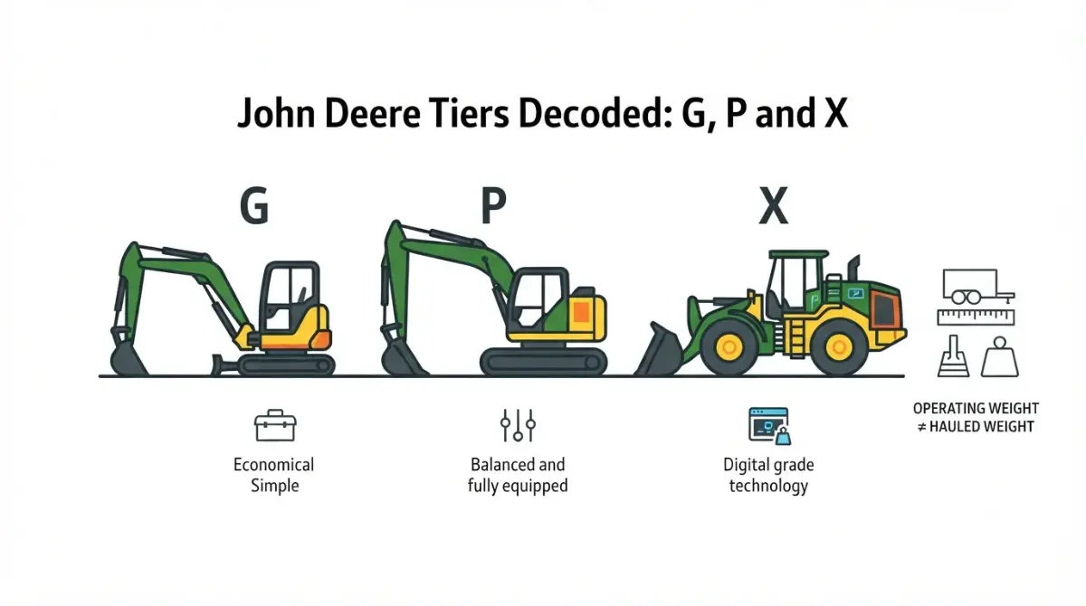 John Deere vector illustration comparing G-Tier, P-Tier and X-Tier equipment feature levels with an operating-weight transport warning