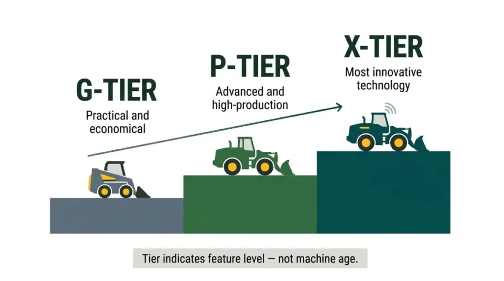 John Deere P-Tier compared with G-Tier and X-Tier, showing feature level rather than machine age.