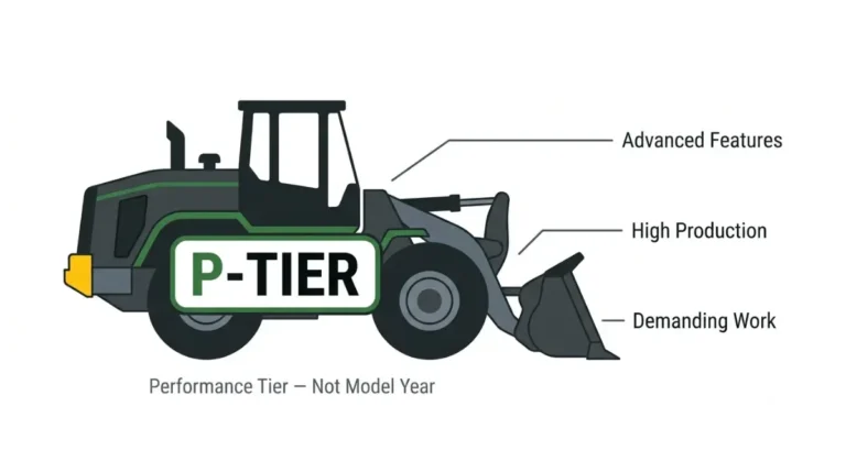 John Deere P-Tier badge on a wheel loader, showing that P-Tier means advanced features and high-production capability, not model year.
