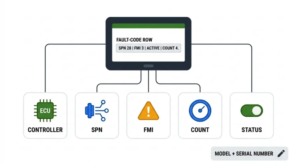 John Deere SPN fault-code checklist showing the controller, SPN, FMI, occurrence count, and active or stored status to record.