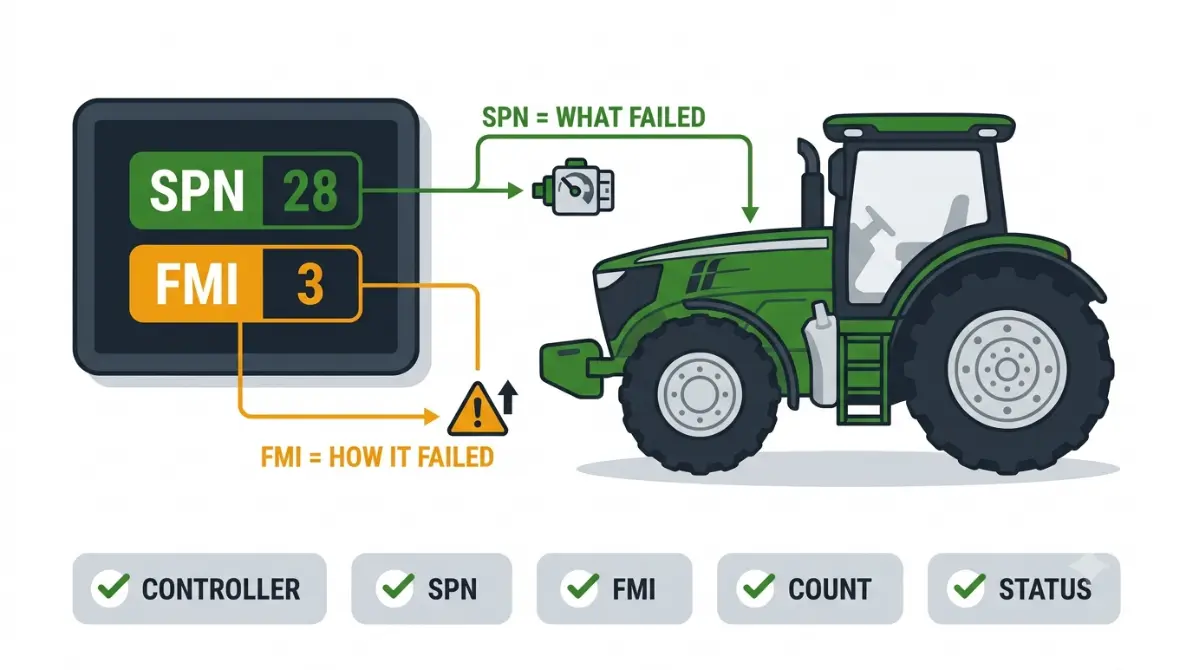 John Deere SPN and FMI fault-code explainer showing SPN 28 FMI 3, what failed, how it failed, and the five diagnostic fields to record.