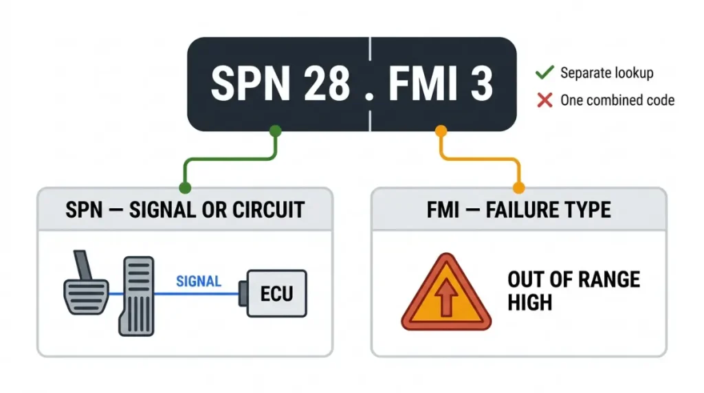 John Deere SPN versus FMI diagram explaining that SPN 28 identifies the signal or circuit and FMI 3 identifies the failure type.