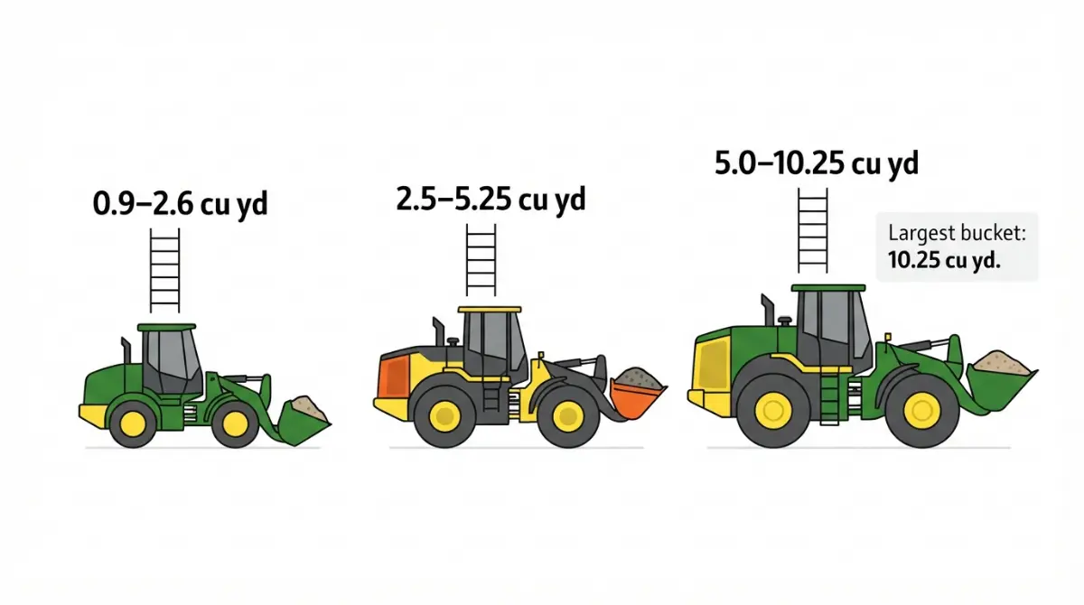 John Deere Wheel Loader Models bucket capacity range chart comparing compact, mid-size and large loaders from 0.9 to 10.25 cubic yards.