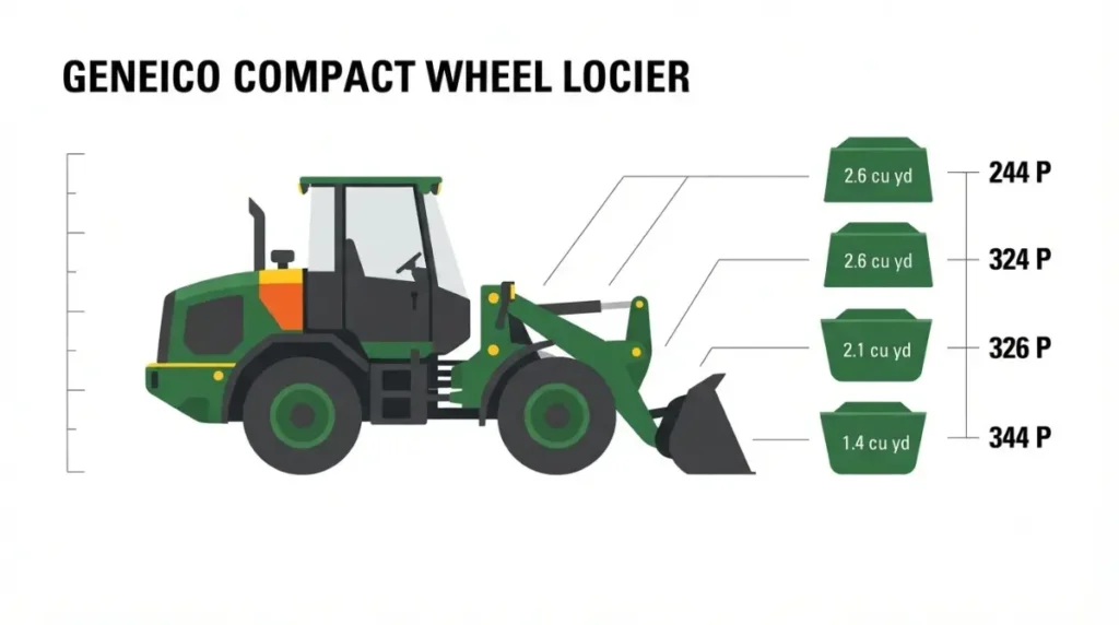 John Deere Wheel Loader Models compact bucket size comparison for the 244 P, 324 P, 326 P and 344 P wheel loaders.