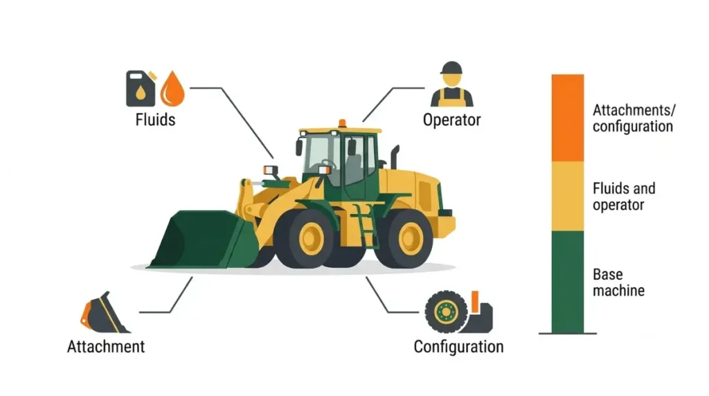 John Deere wheel loader operating weight explained with icons for fluids, operator, attachments, tires, and machine configuration.