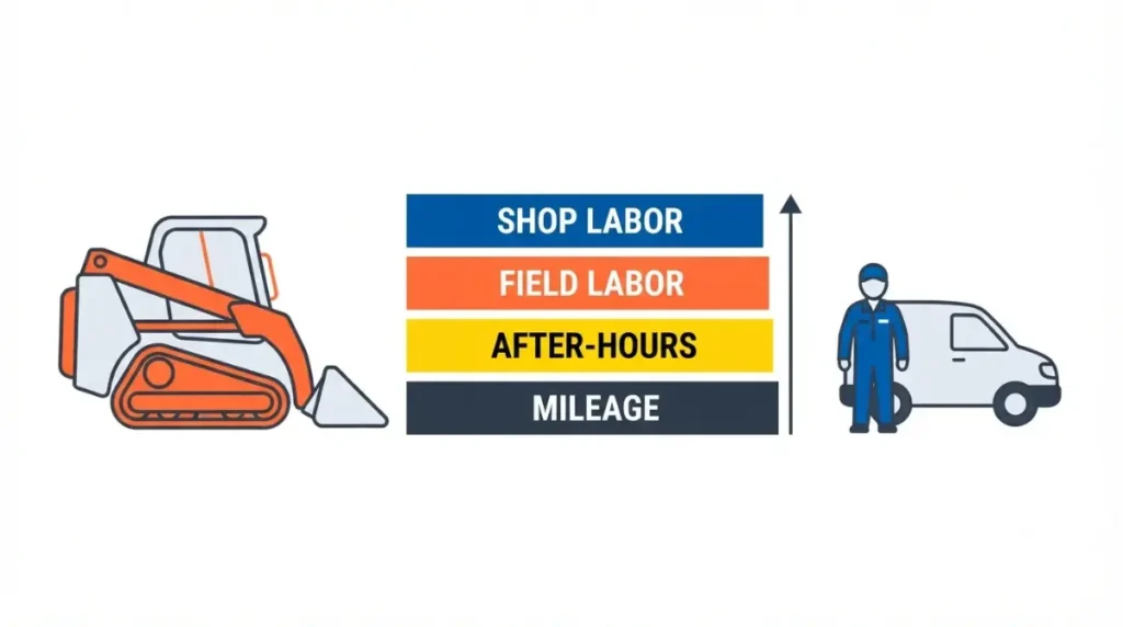 Bobcat Dealer service call cost breakdown showing shop labor, field labor, after-hours labor, and mileage charges