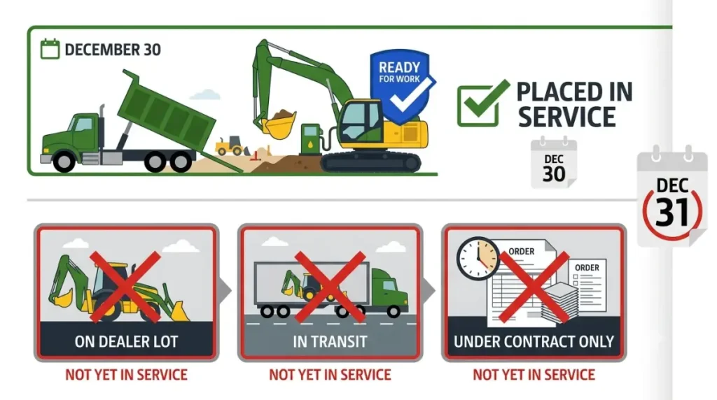 Section 179 placed in service illustration comparing construction equipment ready by December 31 with equipment not yet in service.