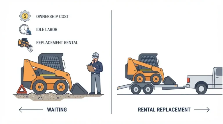 Skid Steer Downtime comparison showing an idle wheeled skid steer, operator labor, and a rental replacement
