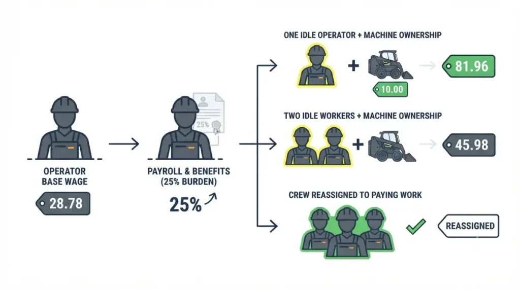Skid Steer Downtime idle labor diagram showing burdened operator wages for one or two idle workers