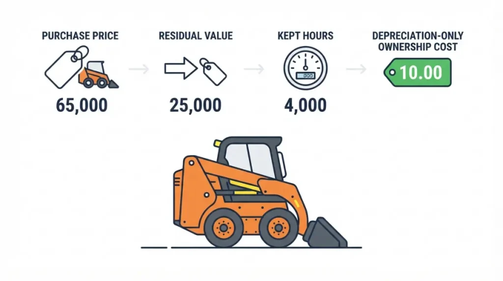 Skid Steer Downtime ownership-cost formula showing purchase price minus residual value divided by kept hours