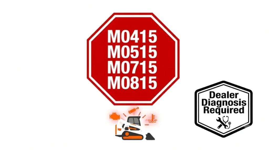 Warning graphic for critical Used Bobcat Fault Codes like M0415 M0515 requiring dealer diagnosis, stop sign vector white background