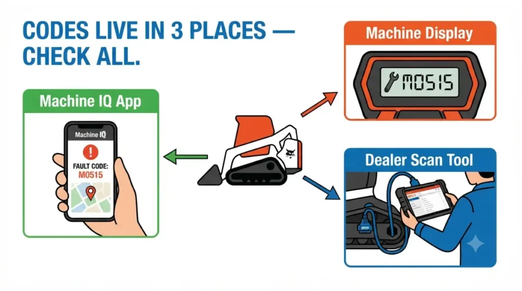 Three sources to find Used Bobcat Fault Codes: machine display, dealer scan tool, Machine IQ app, vector diagram white background